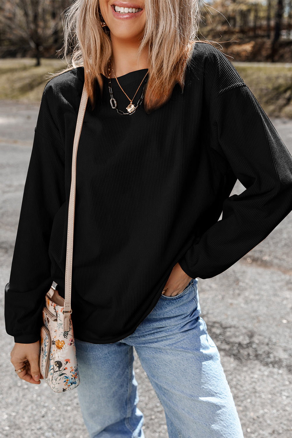 Black Ribbed Corduroy Oversized Pullover Sweatshirt
