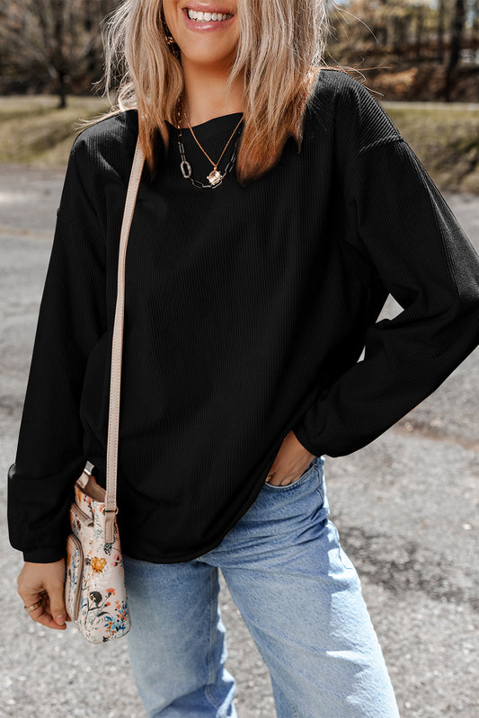 Black Ribbed Corduroy Oversized Pullover Sweatshirt