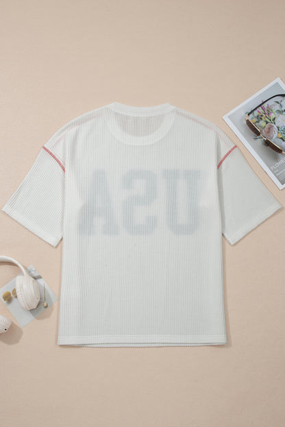 USA Ribbed Graphic Tee Loose Fit Patriotic Top