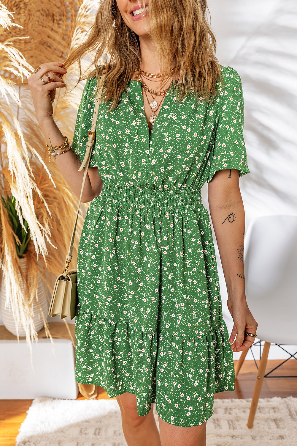 Boho Floral V Neck Smocked Waist Mini Dress
