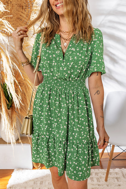 Boho Floral V Neck Smocked Waist Mini Dress