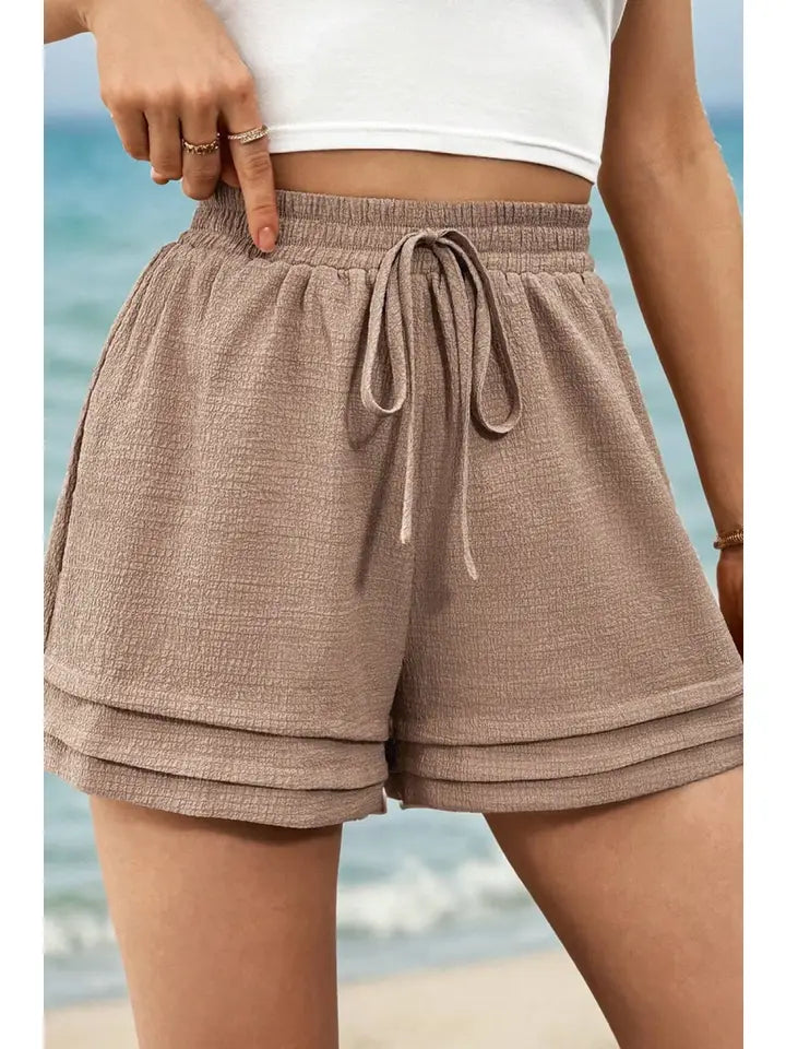 Textured High Waist Drawstring Tiered Casual Shorts