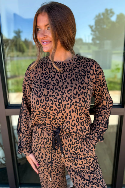 Brown Varsity Striped Trim Leopard Long Sleeve Top Drawstring Pant Set