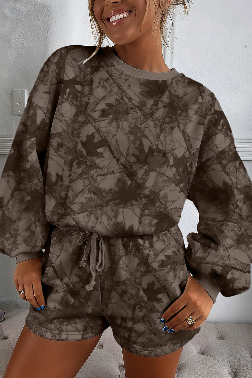 Light Grey Abstract Woodland Camo Print Baggy Pullover Drawstring Shorts Set