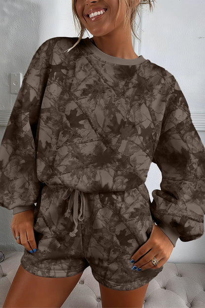 Light Grey Abstract Woodland Camo Print Baggy Pullover Drawstring Shorts Set