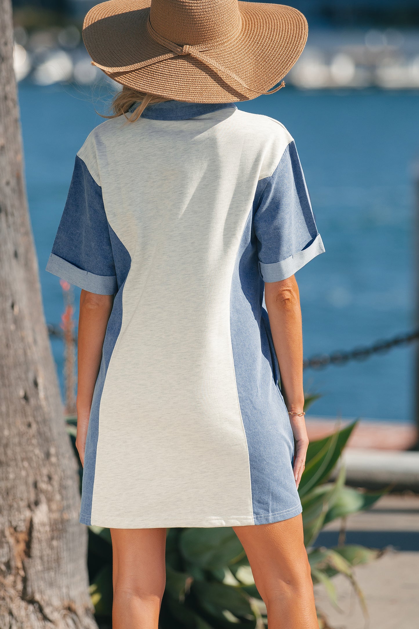 Color Block Button Polo Collar Loose Fit T Shirt Dress