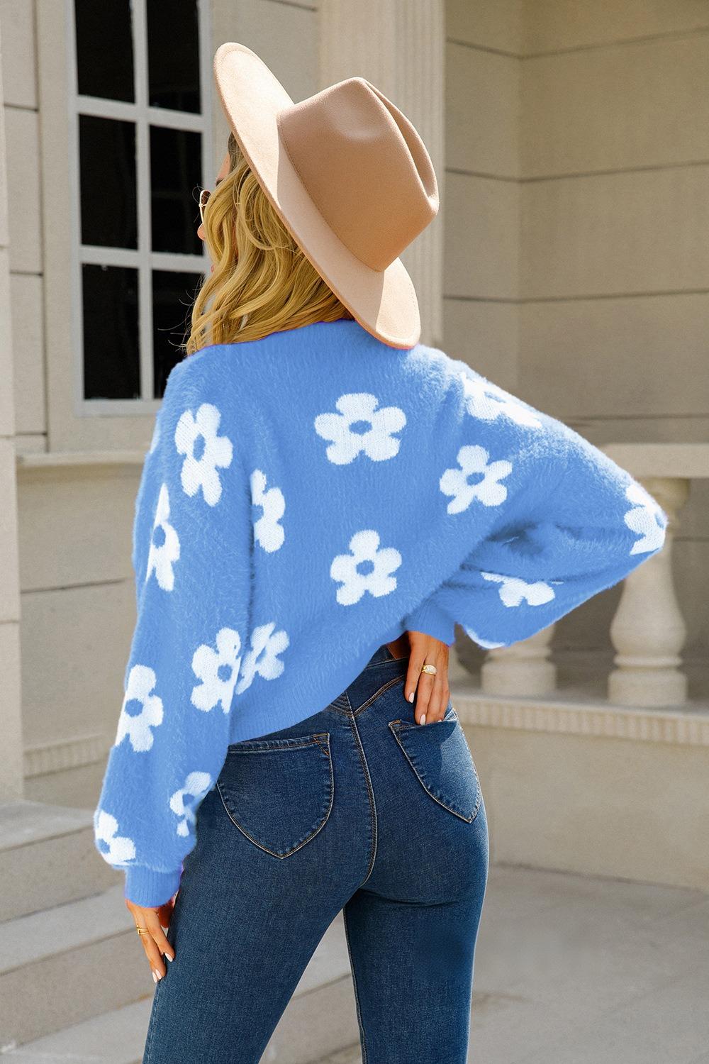 Floral Knit Crop Cardigan - Fuzzy V-Neck Sweater