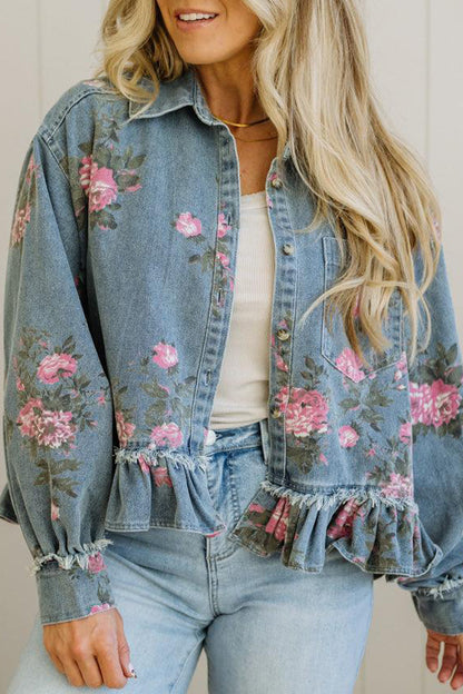 Floral Denim Jacket Ruffle Hem Puff Sleeve Cropped