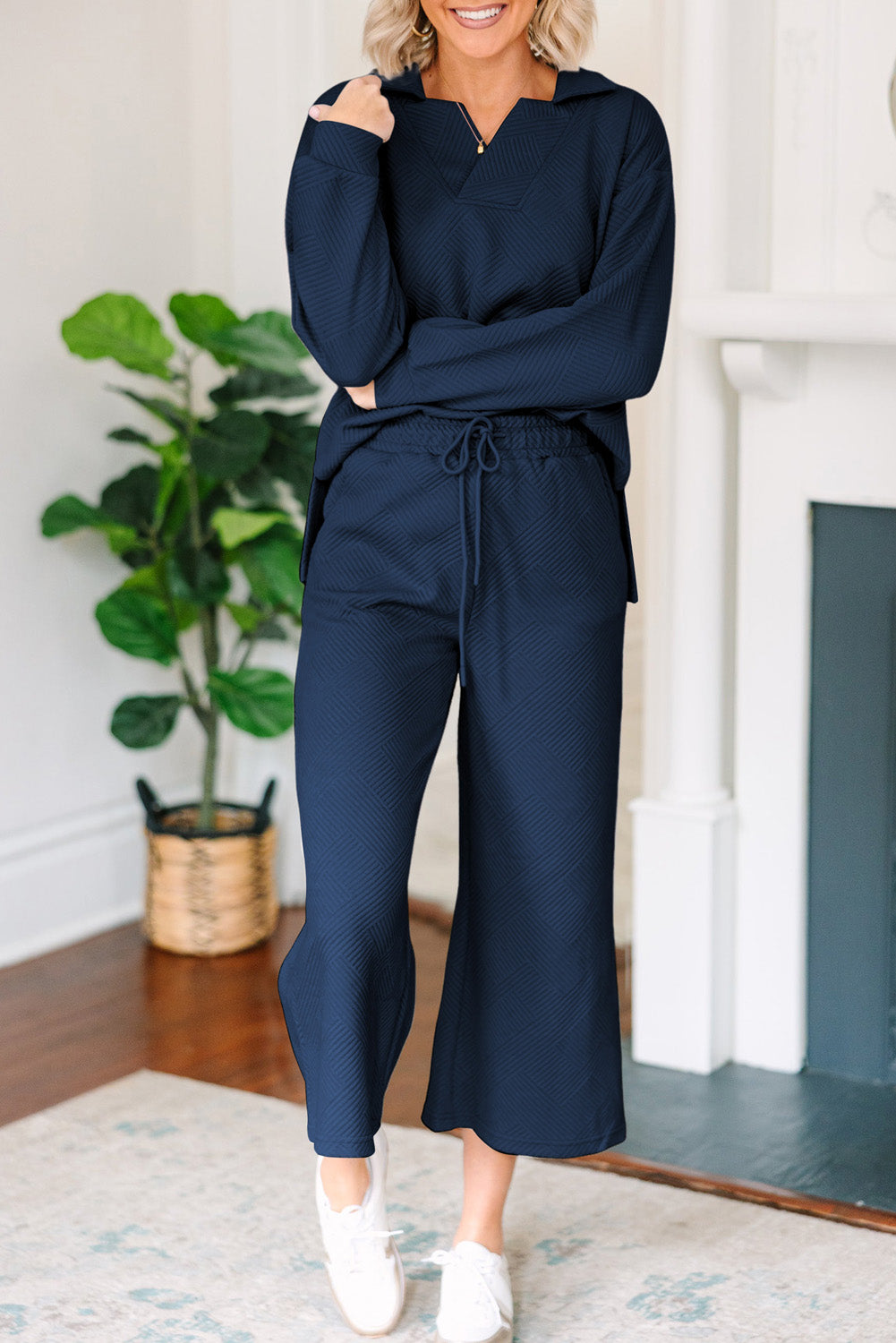 Solid Textured Collared V Neck Top and Wide Leg Pants Set