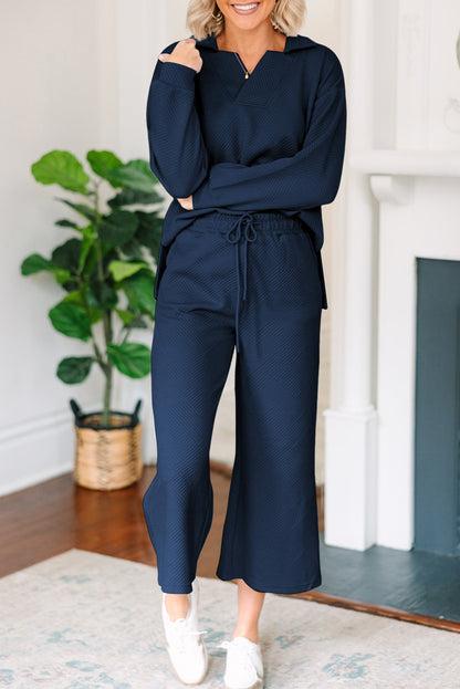 Solid Textured Collared V Neck Top and Wide Leg Pants Set