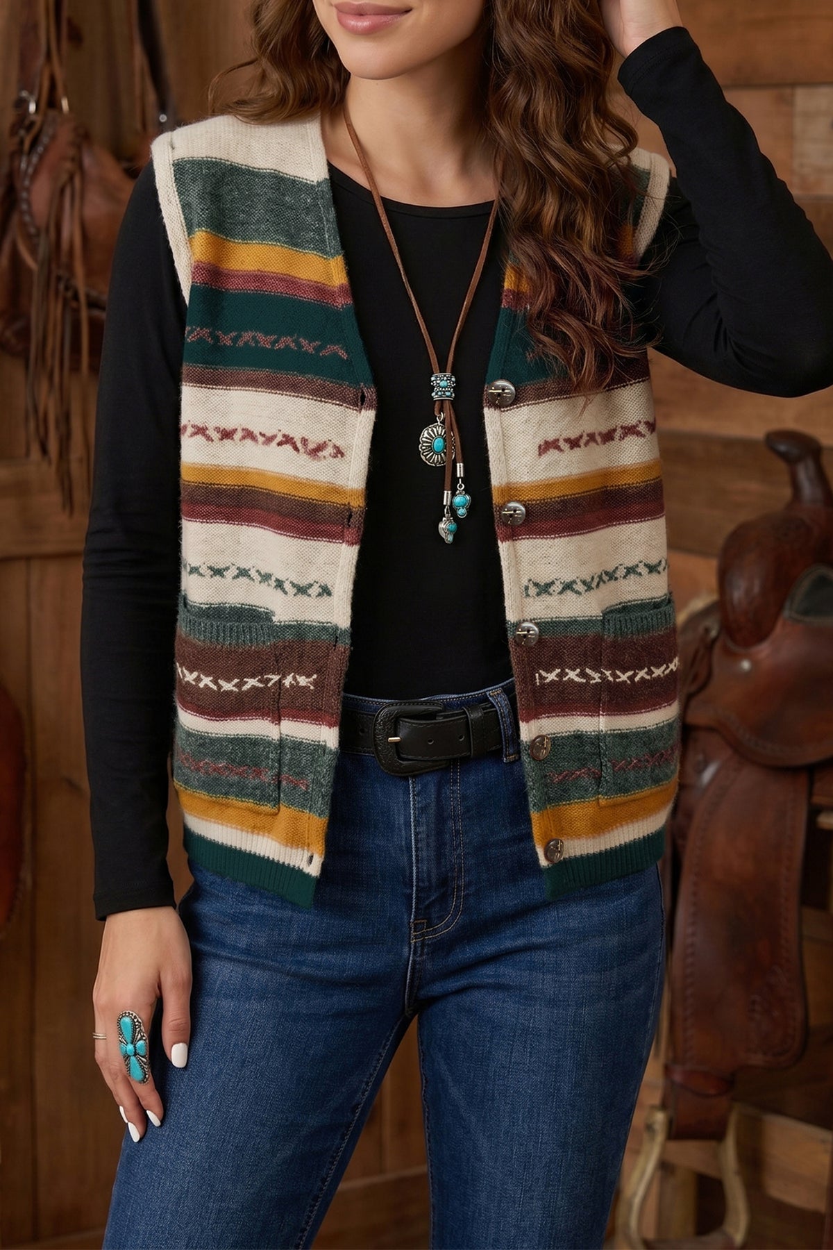 Striped Knit Button Front Sweater Vest