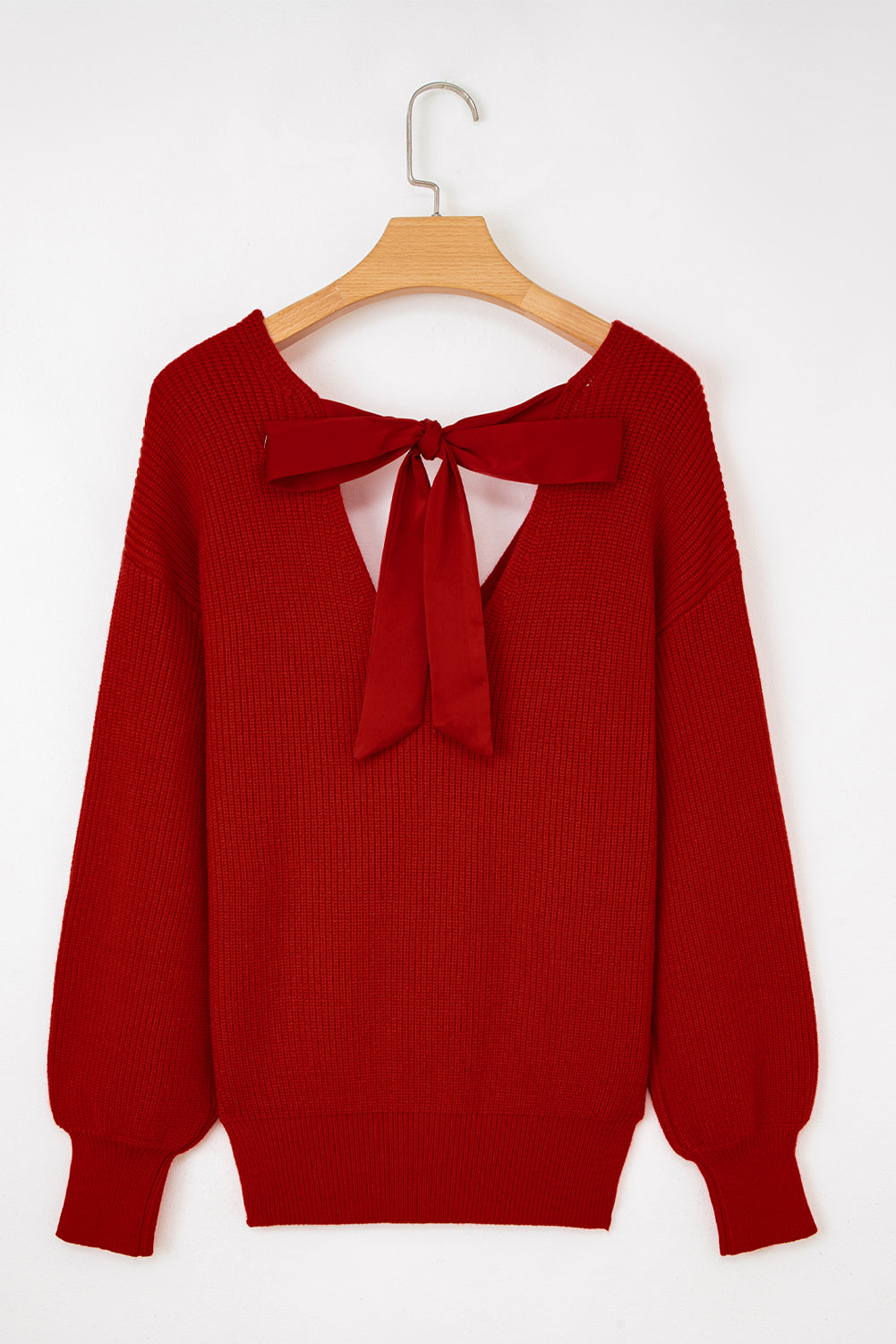Apricot Lantern Sleeve V Neck Knot Back Sweater