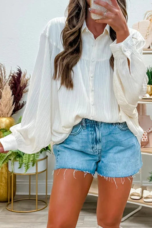 White Crinkle Button Down Top with Lantern Sleeves Loose Fit
