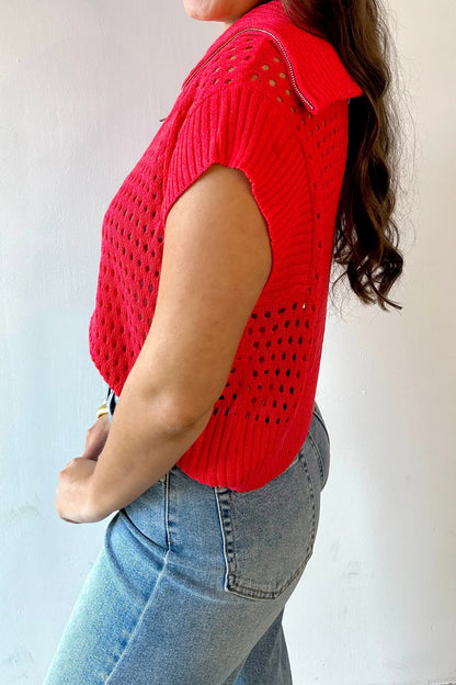 Open Knit Quarter Zip Short Sleeve Sweater Top