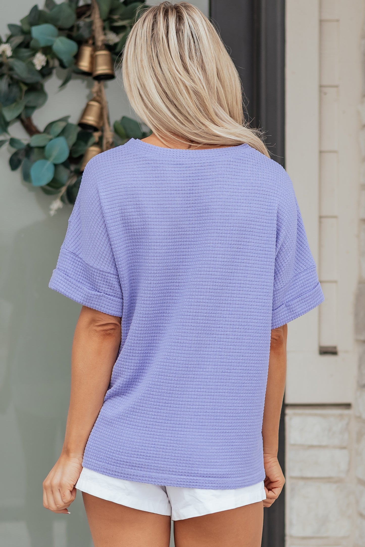 Strawberry Pink Waffle Knit V Neck Short Sleeve Casual Top