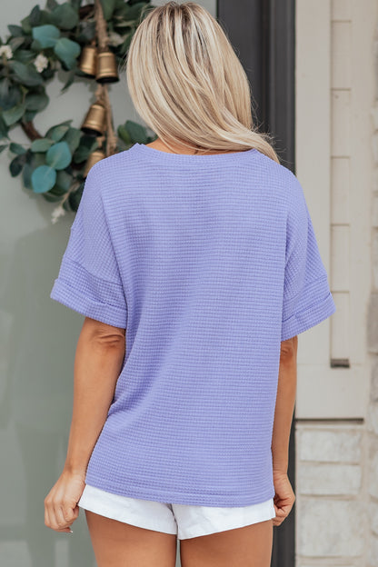 Strawberry Pink Waffle Knit V Neck Short Sleeve Casual Top