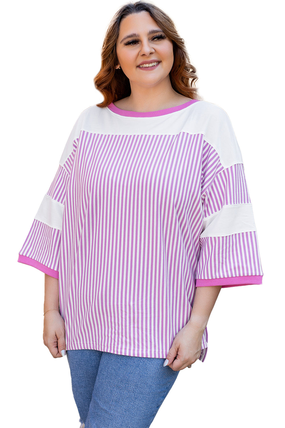 Pink Stripe Patchwork Bracelet Sleeve Plus Size T Shirt