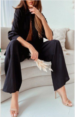 Women's Casual Two Piece Set Button Shirt Wide Leg Pants