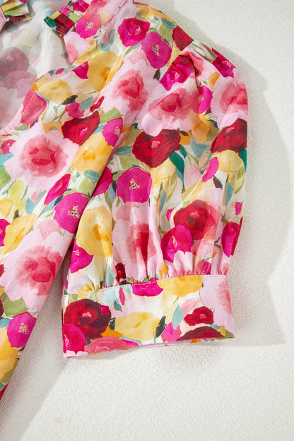 Pink Floral V Neck Puff Sleeve Blouse