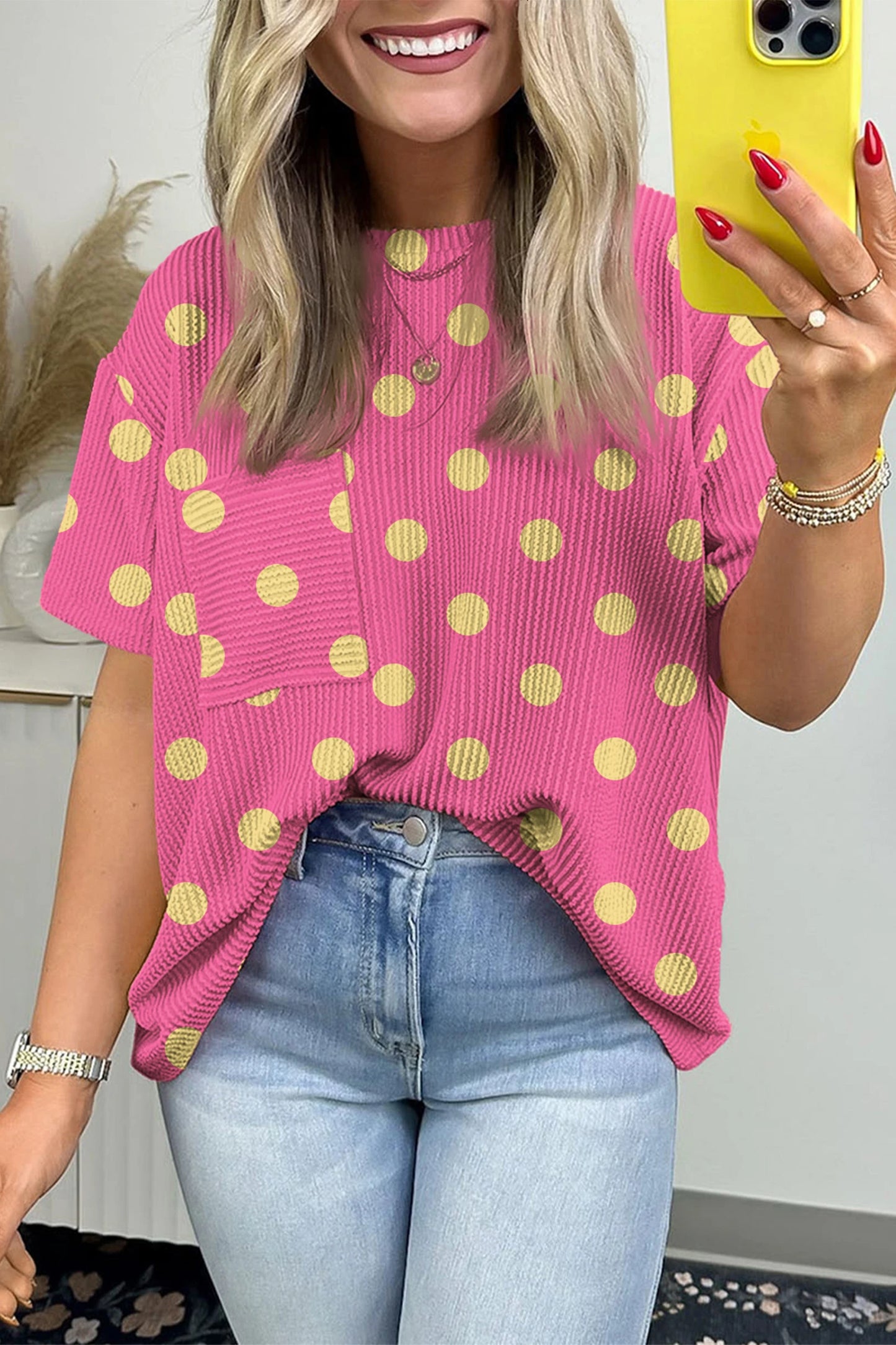 Polka Dot Oversized T Shirt Ribbed Casual Loose Top