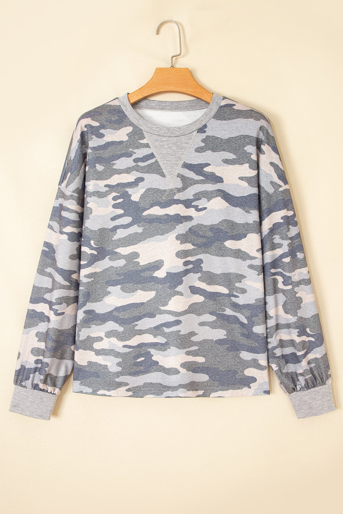 Grey Camouflage Long Sleeve Crew Neck Casual Pullover Top
