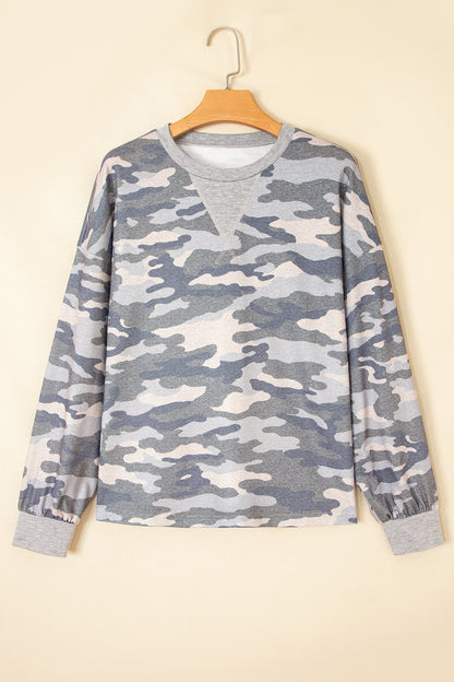 Grey Camouflage Long Sleeve Crew Neck Casual Pullover Top