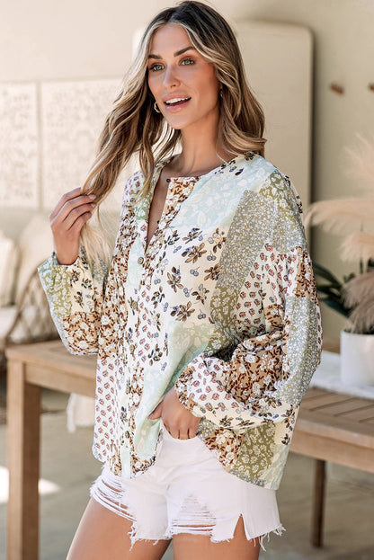 Floral Patchwork Print Button Front Puff Sleeve Blouse