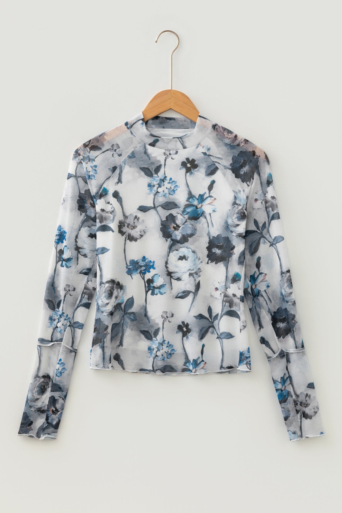 Blue Floral Mesh Mock Neck Long Sleeve Top