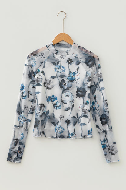 Blue Floral Mesh Mock Neck Long Sleeve Top