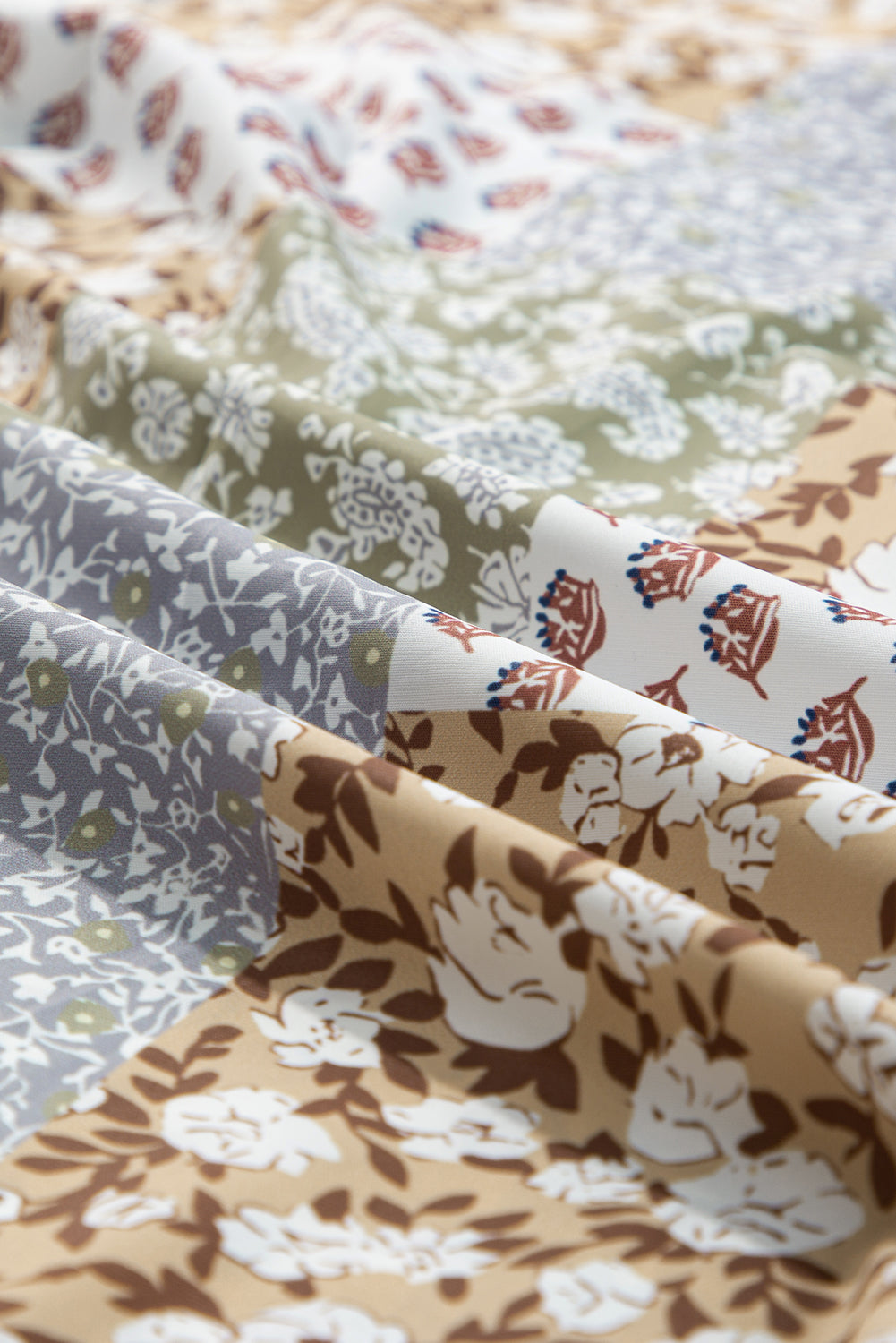 Floral Patchwork Print Button Front Puff Sleeve Blouse