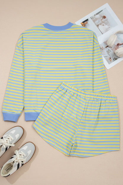 Striped Long Sleeve Pullover and Shorts Lounge Set