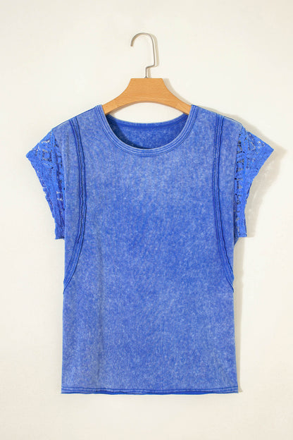 Sky Blue Lace Sleeve Mineral Wash Cotton Tee