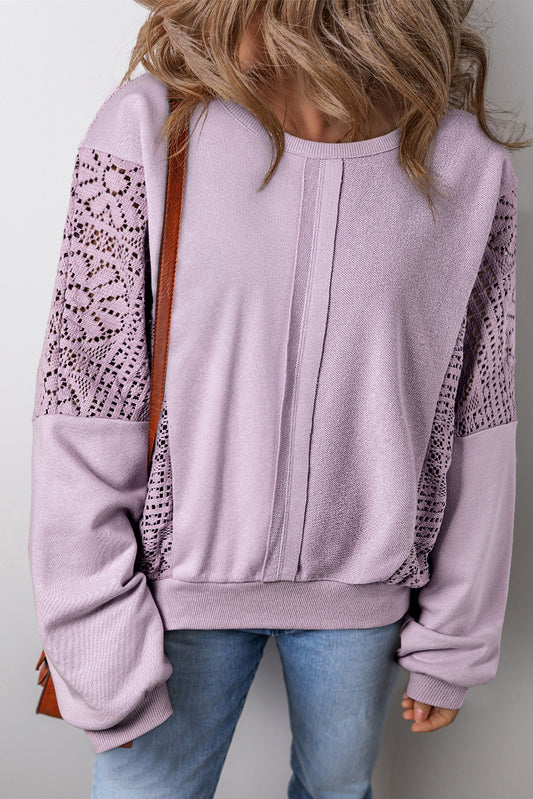 Orchid Petal Knit Crochet Exposed Seam Ribbed Trim Sweatshirt