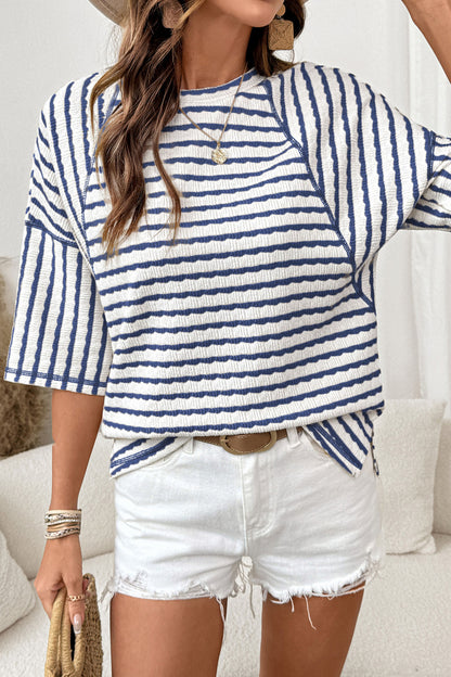 Apricot Stripe Textured Loose Fit Short Sleeve Top