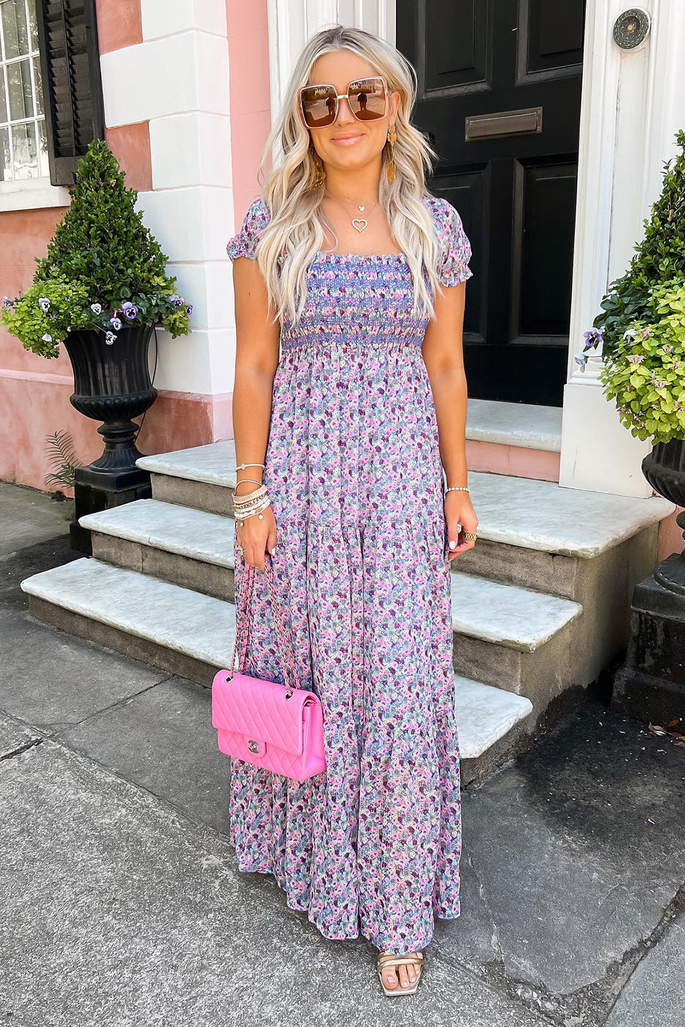 Purple Floral Off Shoulder Smocked Maxi Dress