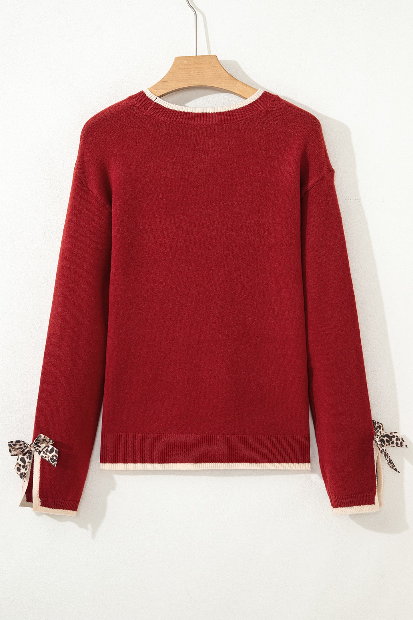 Leopard Bow Split Cuff Contrast Knit Sweater for Women