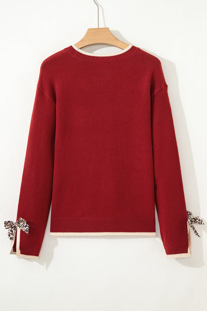Leopard Bow Split Cuff Contrast Knit Sweater for Women
