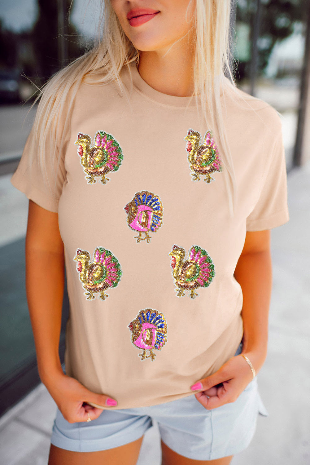 Khaki Sequin Turkey Graphic Crewneck Tee for Thanksgiving