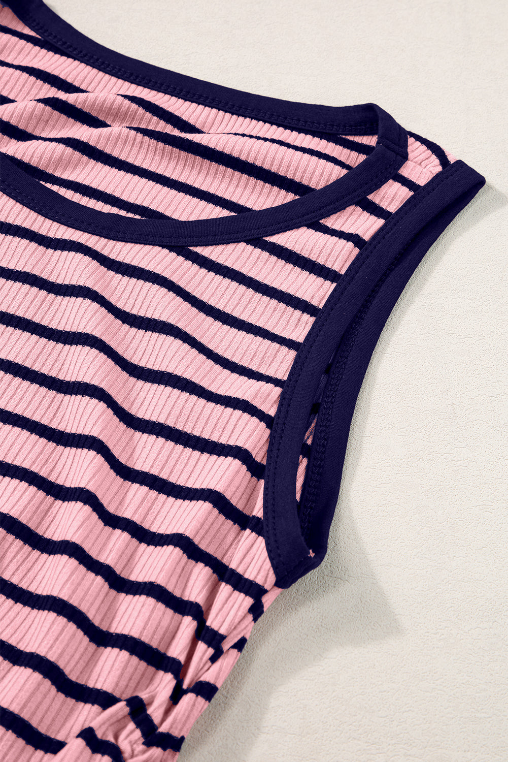 Pink Stripe Contrast Round Neck Sleeveless Slim Top