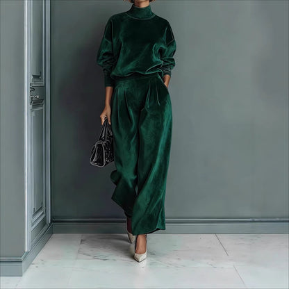Velvet Mock Neck Wide Leg Pants Two Piece Lounge Set