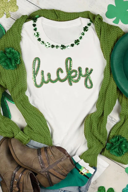 White Sequin Lucky St Patricks Day Glitter Graphic Tee