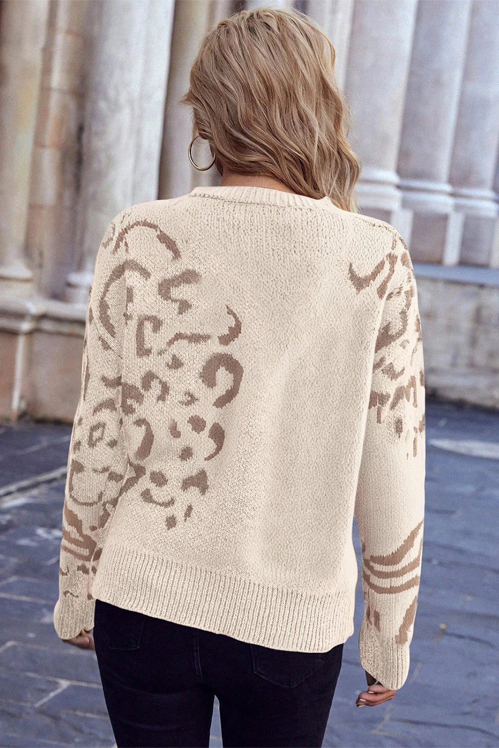 Camel Asymmetric Leopard Print Detail Drop Shoulder Sweater