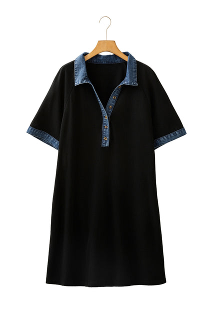 Black Colorblock Plus Size Denim Collar Shift Dress