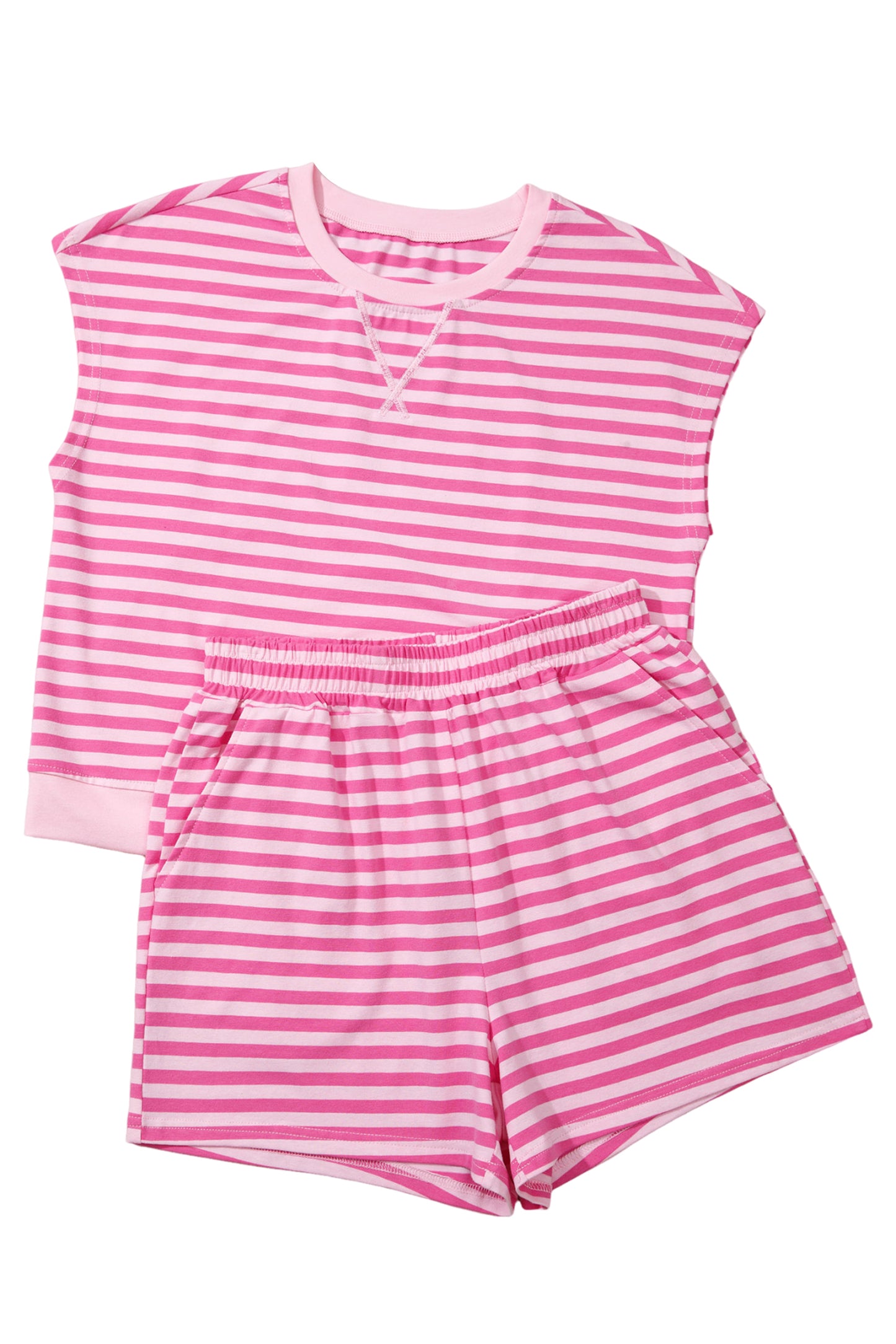 Pink Stripe Cap Sleeve Top and Elastic Waist Shorts Set