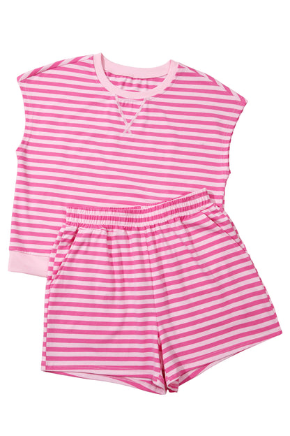 Pink Stripe Cap Sleeve Top and Elastic Waist Shorts Set
