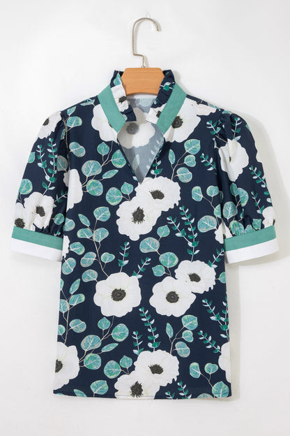 Blue Floral Print Striped Patchwork V Neck Short Sleeve Blouse