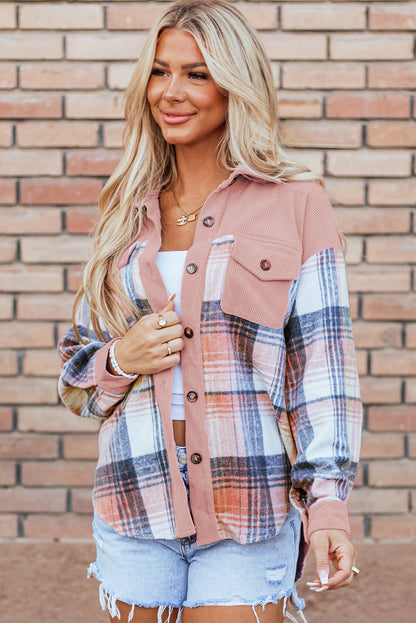 Light Pink Plaid Corduroy Patchwork Pocket Shacket