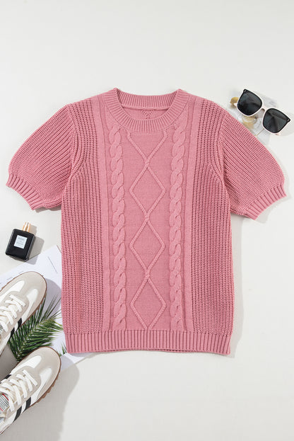 Pink Cable Knit Mixed Textured Short Sleeve Sweater