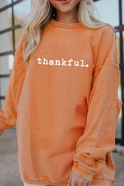Orange Thankful Ribbed Crewneck Thanksgiving Sweatshirt