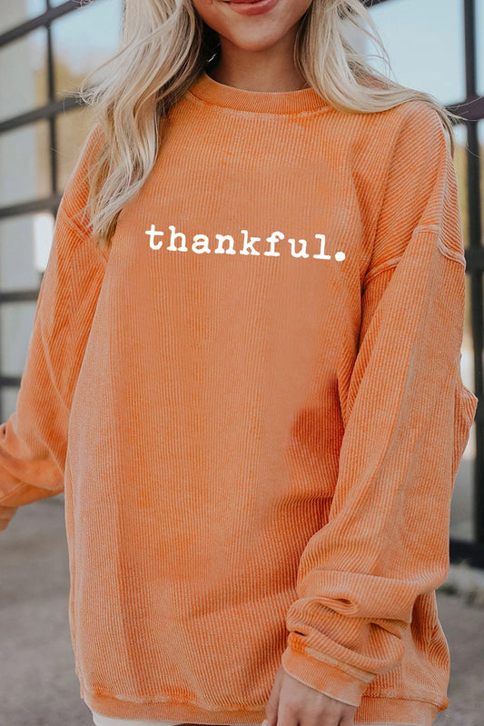 Orange Thankful Ribbed Crewneck Thanksgiving Sweatshirt